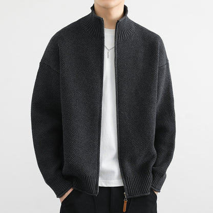 Chaqueta de punto con cremallera y cuello alto de alta gama, color liso