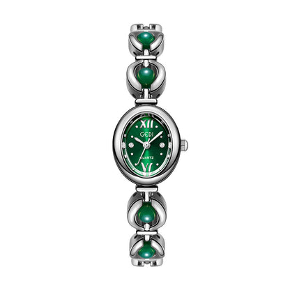 Reloj de pulsera Gedi de estilo nacional con esmeralda, atractivo, de nicho, de alta calidad, ligero, de lujo, con perlas de concha, exquisito reloj de cuarzo para mujer.