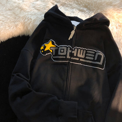 Sudadera con capucha y bordado de letras para mujer, suéter holgado de flocado alto
