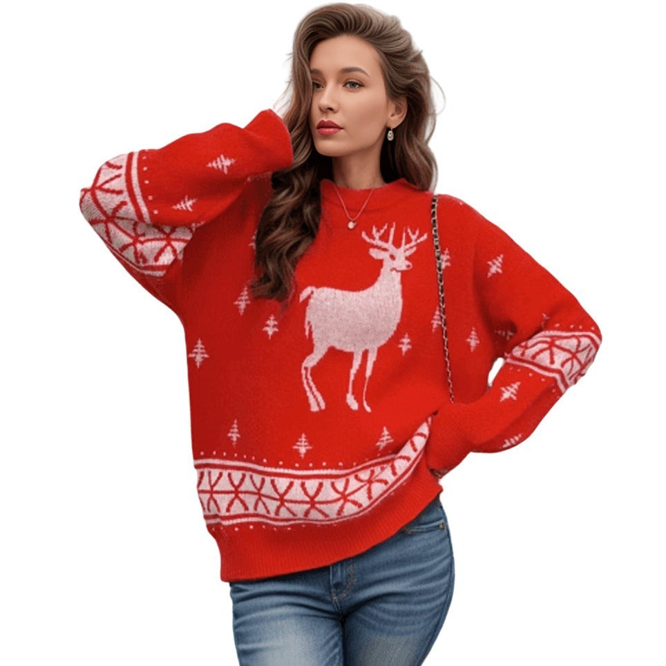 Christmas Elk Autumn And Winter Loose Women's Knitwear Round Neck Brocade Sweater