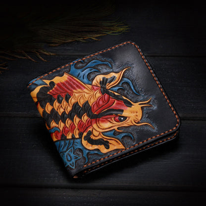 Vintage Reines handgemachtes Leder Glückskarpfen Kurze Brieftasche
