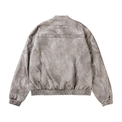 Chaqueta de cuero sintético jaspeado con cuello alto para motocicleta