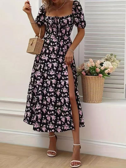 Vestido largo playero de manga corta con estampado floral y cordones para verano, ropa de mujer