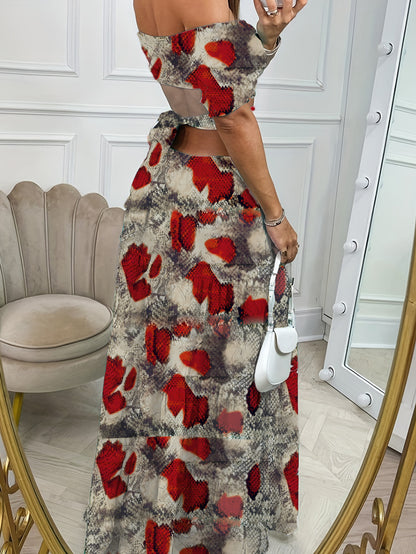 Vestido largo estampado de manga corta con cuello de una sola línea y cintura hueca para vacaciones de verano para mujer