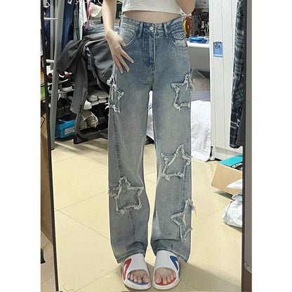 Pantalones vaqueros azules bordados XINGX para mujer, holgados, rectos y de pierna ancha