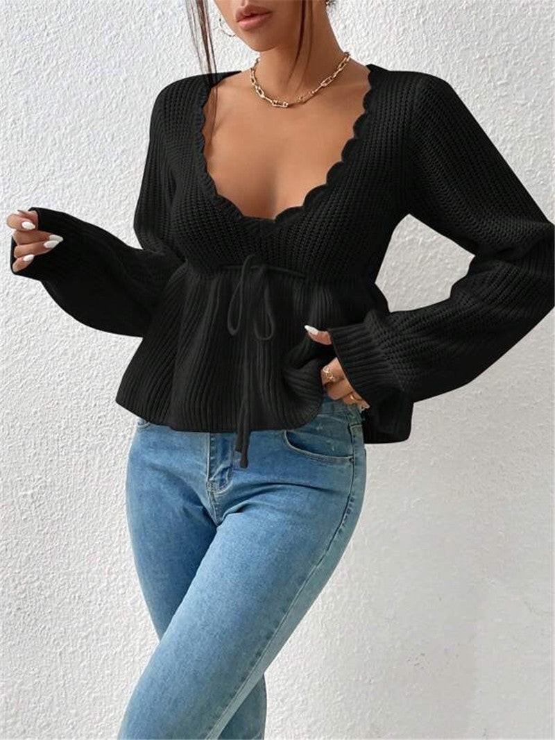 Women's V-neck Lace-up Knitwear Casual Long-sleeved Top European And American Sweater