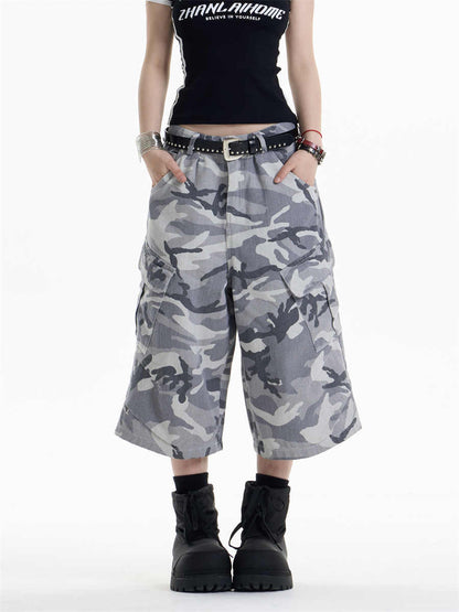Retro Camouflage Workwear Cropped Pants für Damen Weite Freizeithose