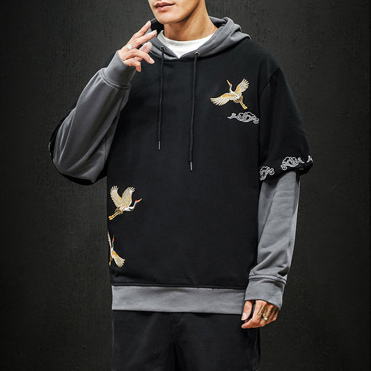 Crane Embroidered Hooded Long Sleeve Top