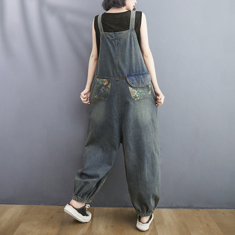Western-style Large Denim Suspenders Loose Slimming One-piece Pants Women