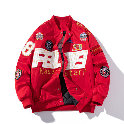 Pareja de otoño e invierno con uniforme de béisbol de motocicleta americana