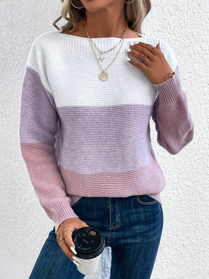 Pullover Strickpullover Mode Rundhals Spleißen Strickwaren Lose Top Damenbekleidung