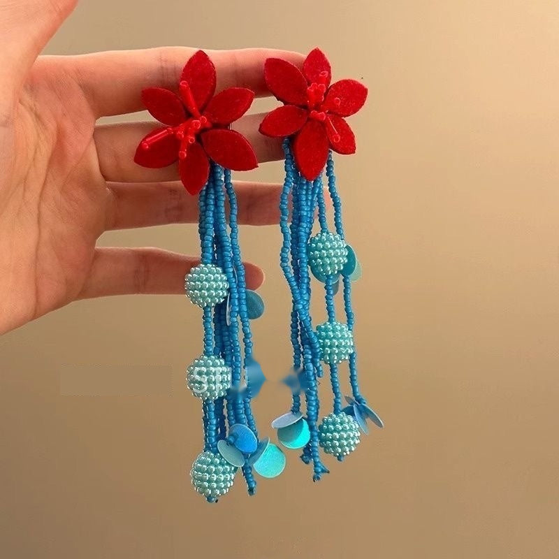 Flower Pattern Shell Tassel Round Earrings Light Luxury High Sense