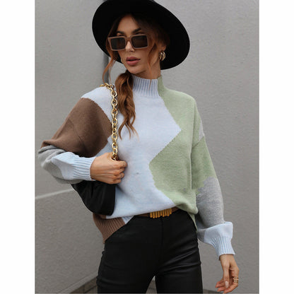 Suéter holgado de punto con cuello redondo y bloques de color para mujer