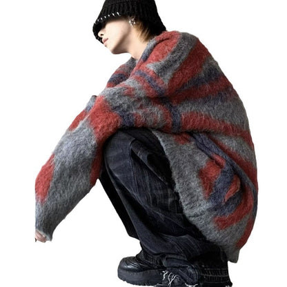 Suéter de punto de mohair retro holgado de invierno con rayas de colores contrastantes