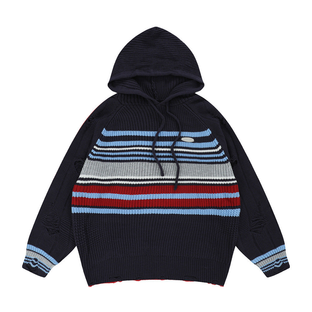 Contrast Color Striped Hooded Sweater Sweater Men