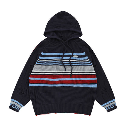 Contrast Color Striped Hooded Sweater Sweater Men