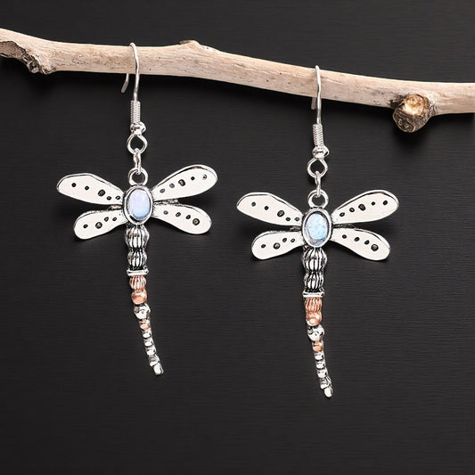 Hot Sale In Europe And America Retro Dragonfly Embedded Moonstone Earrings