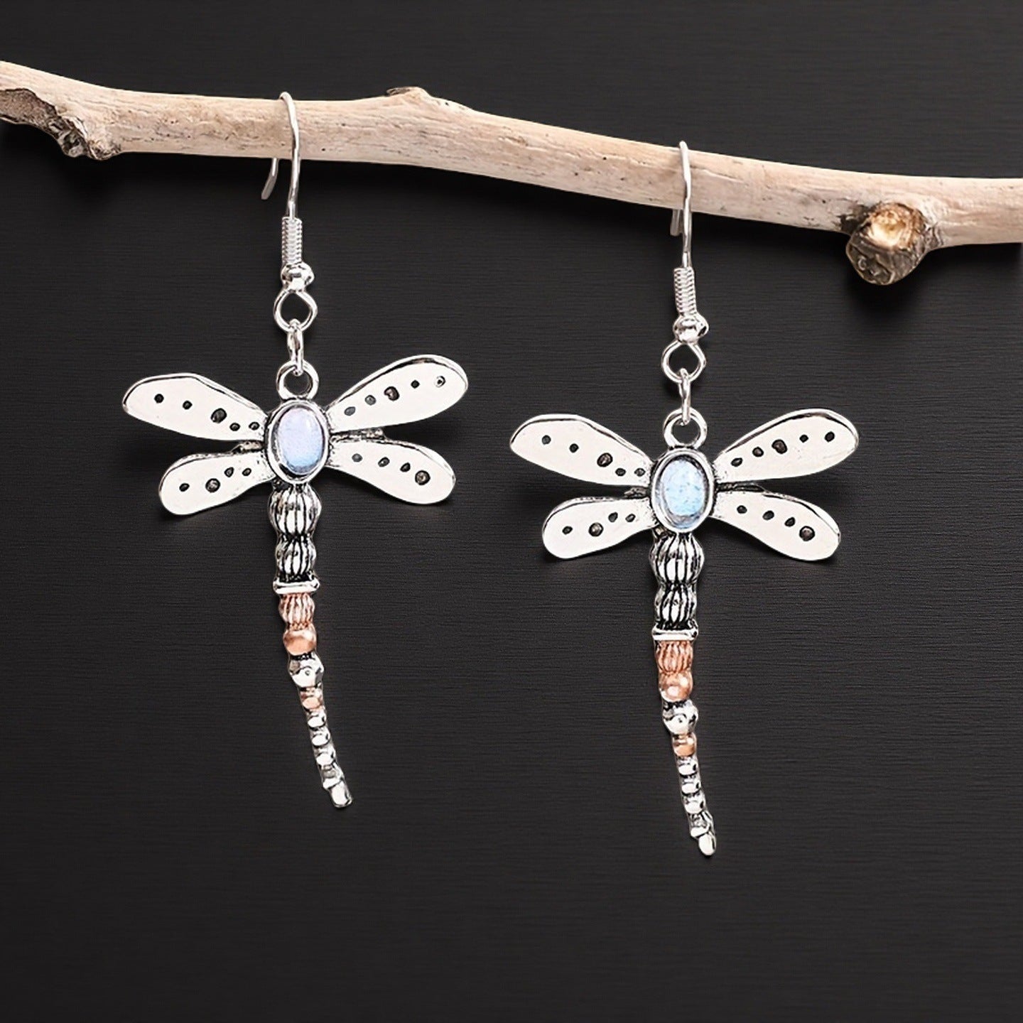 Hot Sale In Europe And America Retro Dragonfly Embedded Moonstone Earrings