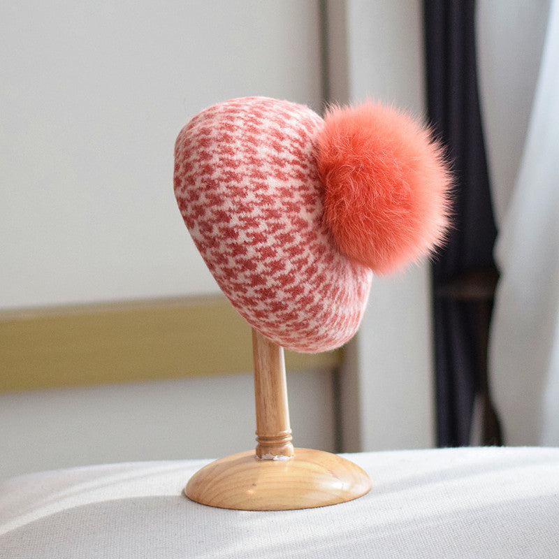 Women's Autumn And Winter Fox Fur Ball Knitted Octagonal Cap