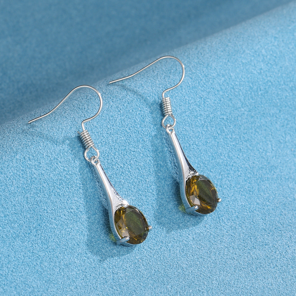 Fashion Simple Olive Green Topaz Earrings Minimalist Water Drop Shape