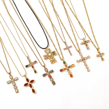 Collar de acero inoxidable con cruz de acero de titanio y cristales de colores ajustable para mujer