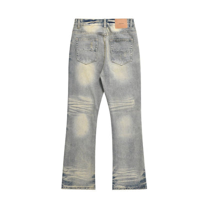 Distressed Scratches Denim Straight - leg Pants Men - BAGMODA