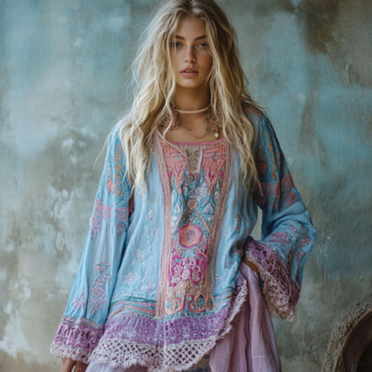 Women's Retro Bohemian Purple Floral Patchwork Linen Blend Loose Tunic