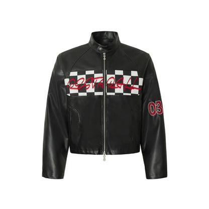 Amerikanische Retro-Lederjacke mit kurzen Nähten und Karomuster