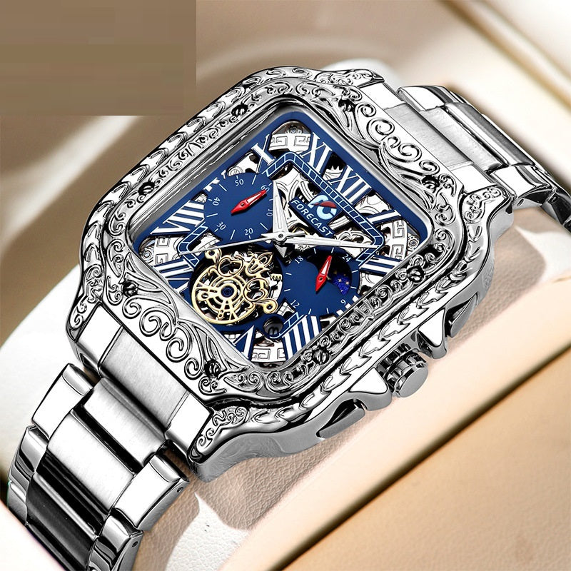 Retro Square Carved Multifunctional Six-pin Men's Watch
