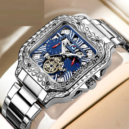 Retro Square Carved Multifunktionale Sechs-Pin Herrenuhr