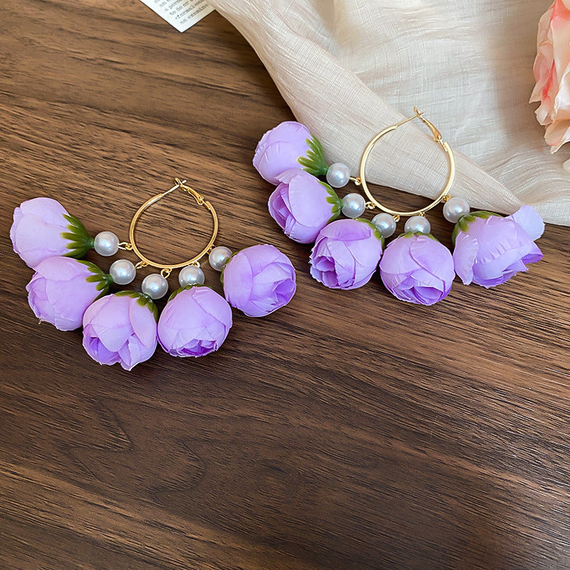 Silver Needle Fabric Flower Pendant Earrings For Women