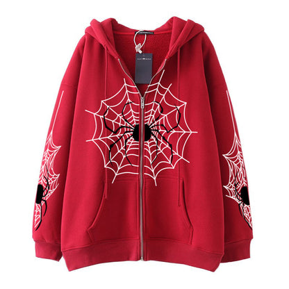 Sudadera con cremallera de telaraña para mujer, estilo urbano, de comercio exterior, con capucha, estilo retro americano, informal, para primavera y otoño