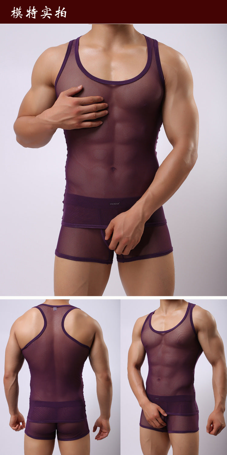 Fitness Transparent Cutout Mesh Men's Underwear Mesh Style For Sports Hurdles Vest Shorts Set