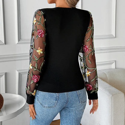 Camiseta de manga larga con cuello en V y costuras bordadas transparentes