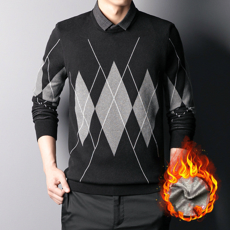 Plus Fleece Fake Two-piece Shirt Collar Men's Bottoming Shirt