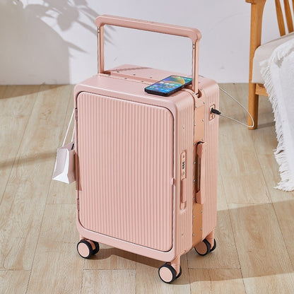 Maleta con ruedas multifuncional con carga USB, cierre frontal, ruedas anchas, universal, 20 pulgadas