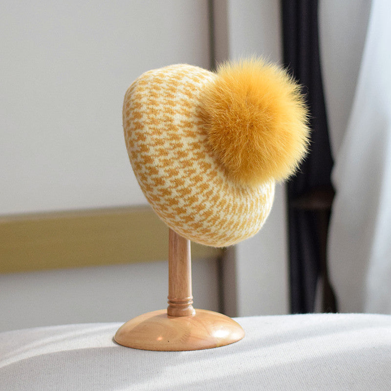 Women's Autumn And Winter Fox Fur Ball Knitted Octagonal Cap