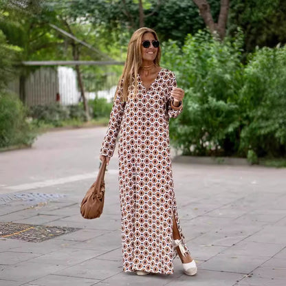 Vestido largo de verano con cuello en V y estampado geométrico, manga larga y aberturas para mujer