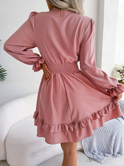 Vestidos de verano de color liso con escote en V y manga larga para mujer, vestido sexy de corte A con cuello en V y cordones, vestido de playa para mujer