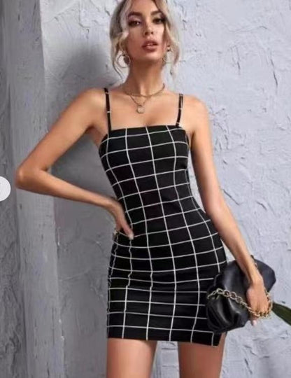 Minivestidos ajustados con tirantes finos y cuadros retro para mujer