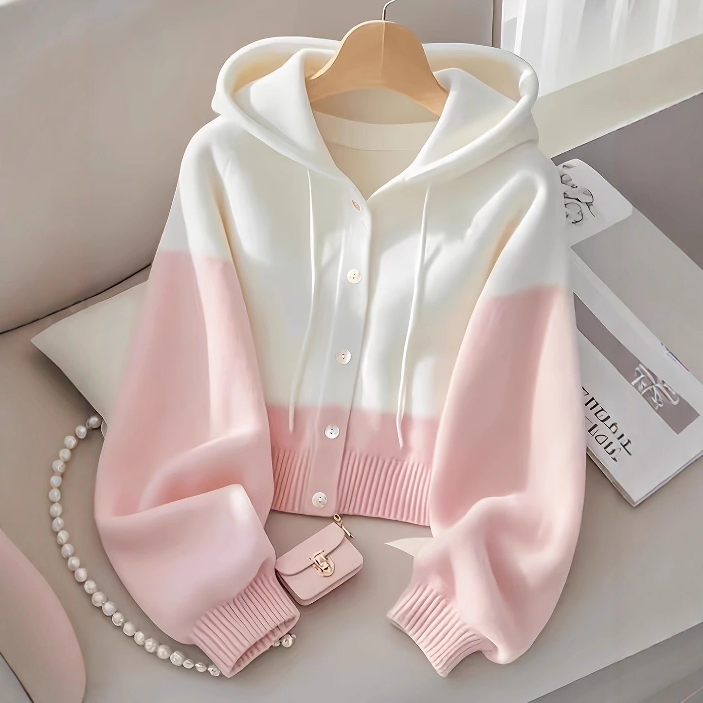Patchwork Hooded Lazy High-grade Knitted Top
