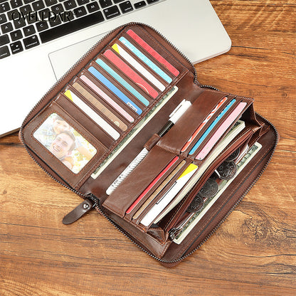 Cartera de piel de vaca de primera capa para hombre, gran capacidad, multifuncional