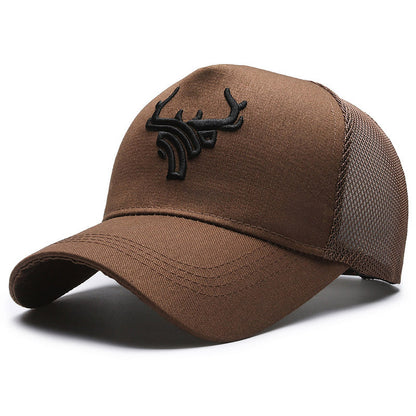Gorra de béisbol con corona alta y malla trasera de cabeza de ciervo para hombre, transpirable de verano