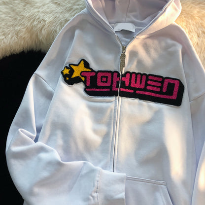 Sudadera con capucha y bordado de letras para mujer, suéter holgado de flocado alto