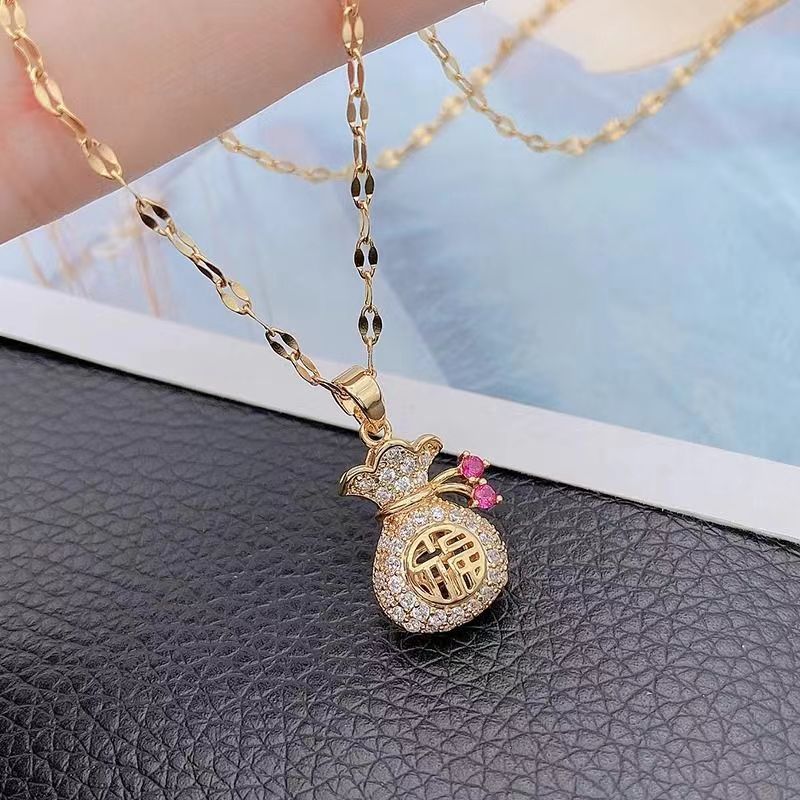 Collar con colgante de bolsa china con carácter de viento Fu, personalidad femenina, diseño de moda para minorías, cadena para clavícula, joyería