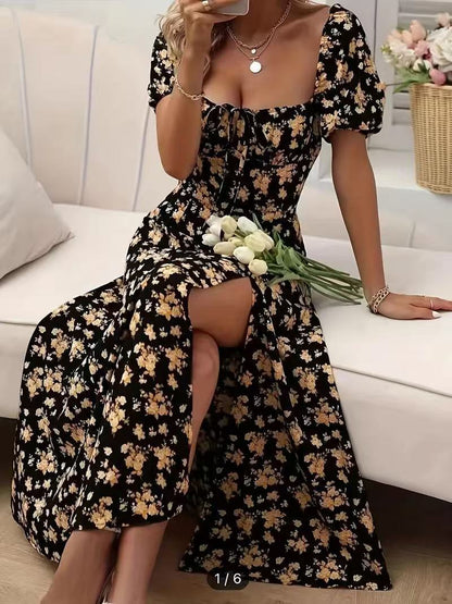 Vestido largo playero de manga corta con estampado floral y cordones para verano, ropa de mujer