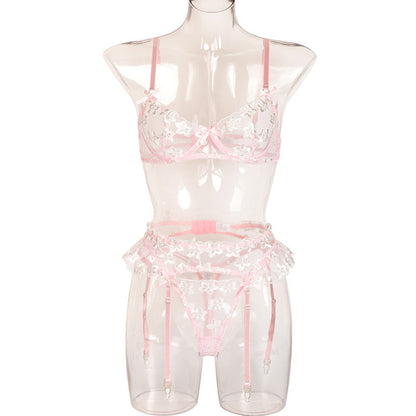 Lencería erótica europea y americana para mujer, de tres piezas, con bordado floral y anilla de acero.