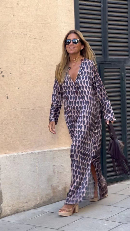 Vestido largo de verano con cuello en V y estampado geométrico, manga larga y aberturas para mujer