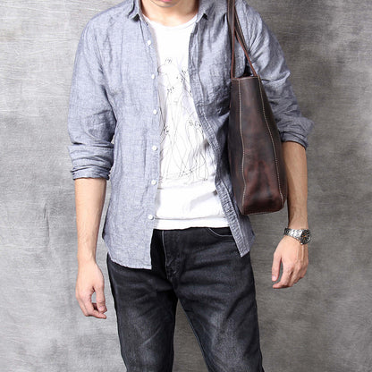 Bolso de mano sencillo retro de piel de vaca de primera capa y gran capacidad para hombre