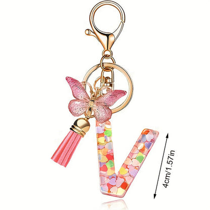 Llavero con borla de mariposa, lentejuelas y corazón con letras de amor